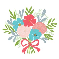 Watercolor illustration of a colorful and stylized flower bouquet with a red ribbon.