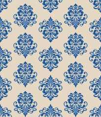 Fototapeta premium Damask classic seamless pattern with blue flowers, vector illustration elegant for textile, fabric, wall paper, curtain, cushion cover, carpet, bedding, upholstery fabric, decoration, vintage, Baroque