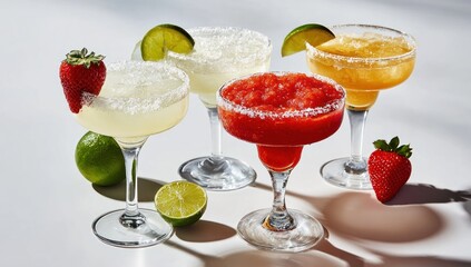 Colorful cocktails with fruit and garnishes against a bright background