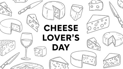Black and white line art design celebrating cheese lover's day featuring various cheese wedges wheels and blocks along with a wine glass and cheese knives perfect for food enthusiasts.