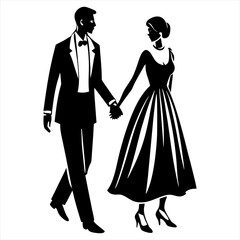 Fototapeta premium Silhouette illustration of a romantic couple walking hand in hand