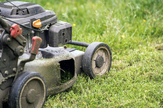 Gasoline lawn mower on green grass
