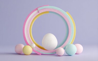 Colorful easter egg composition with pastel ring elements on a purple background