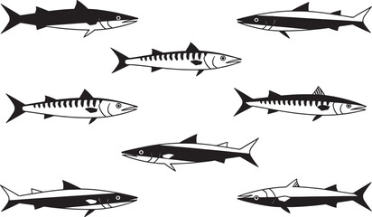 Collection of various shark species swimming in side view illustration