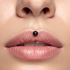 A close-up view of a person's face, focusing on the lips. A small, black piercing adorns the center of the bottom lip. The skin is smooth