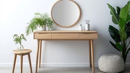 Scandinavian inspired dressing table with a light wooden frame simple round mirror minimalist decor and a small green plant combining simplicity and functionality with a fresh feel
