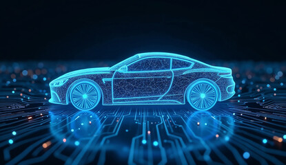 Futuristic digital of a car shining on a circuit board