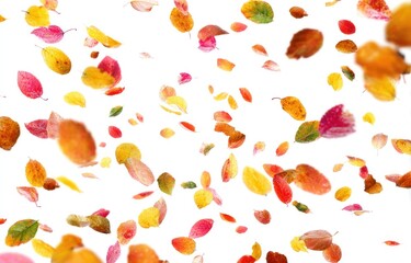 Colorful falling leaves against white background seasonal abstract composition