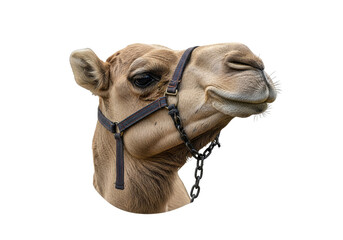 Obraz premium Close-Up Camel Head Portrait With Blue Halter On White Background