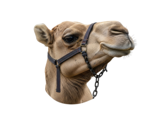 Close-Up Camel Head Portrait With Blue Halter On White Background