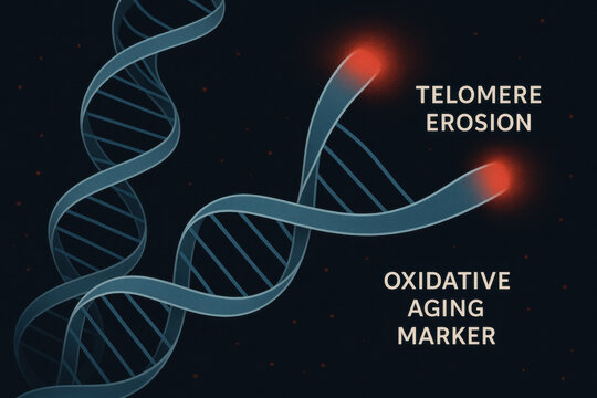 Telomere erosion and oxidative aging marker. biology concept showing DNA shortening under stress. This science graphic illustrates molecular process on dark background