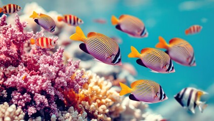 Colorful fish swimming near coral reef in clear blue water