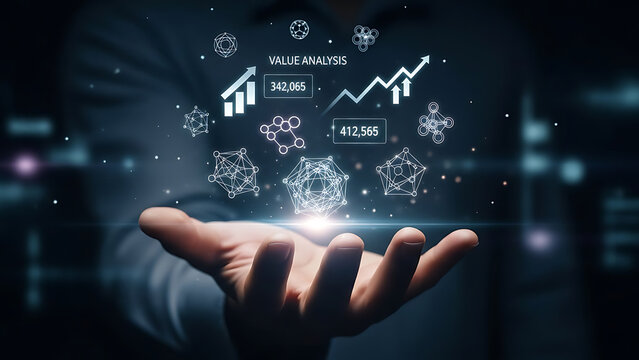 A person's outstretched hand displays a holographic interface with financial charts and molecular structures. - Powered by Adobe