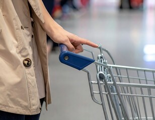 A close-up view of a person's hand pushing a shopping cart through a bright, spacious retail interior. The cart's metal frame glints