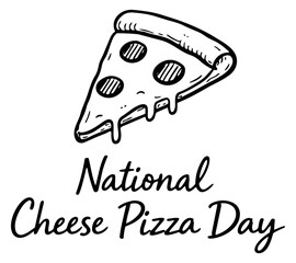 Hand drawn line art illustration of a pizza slice depicting melting cheese and pepperoni for National Cheese Pizza Day