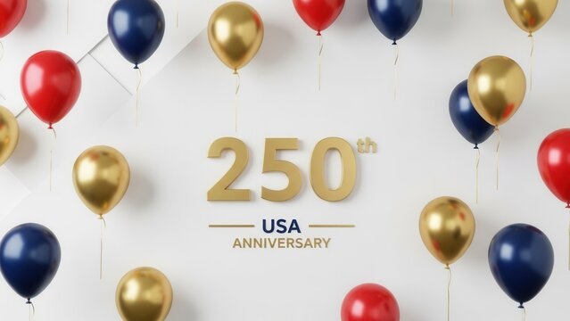 250th USA Anniversary 3D gold text on white background with red, blue, and golden balloons. Professional greeting card design for American Sestercentennial Independence Day celebration. - Powered by Adobe
