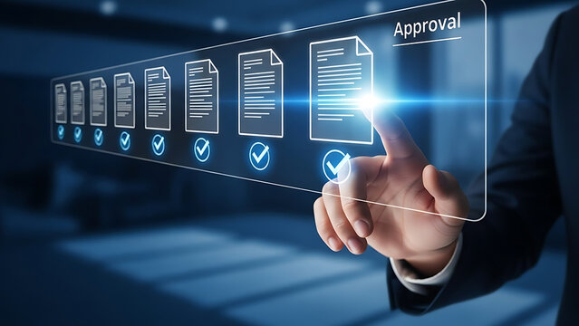 A businessman's finger touches a screen, approving a series of digital documents and tasks. - Powered by Adobe