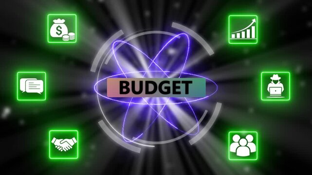 Budget international business strategy and data analytics visualization. Worldwide financial growth and technology connection animation.