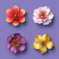 Colorful floral arrangement of four vibrant flowers on a purple background