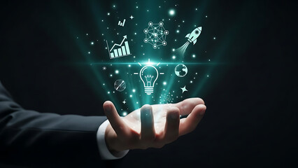 A professional businessman's hand is presenting a digital hologram of innovative business and idea icons in space.