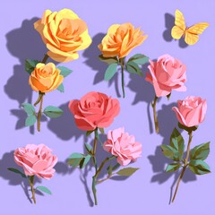 Colorful floral arrangement of roses and butterflies in an artistic illustration
