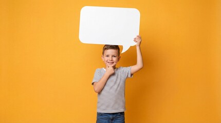 Smiling young boy holding a blank white speech bubble against a solid yellow background, concept for communication and creative messaging with copy space for advertising