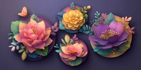 Colorful floral arrangements with butterfly on dark background artful creative design