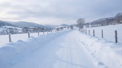 Narrow road covered in deep white snow winding through a hilly winter landscape with wooden fences and bare trees, serene seasonal atmosphere for travel and nature