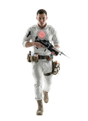 Naklejka premium Futuristic combat medic holding large syringe weapon.