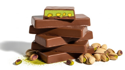 Stack of chocolate bars with pistachio filling isolated on white background isolated on white background