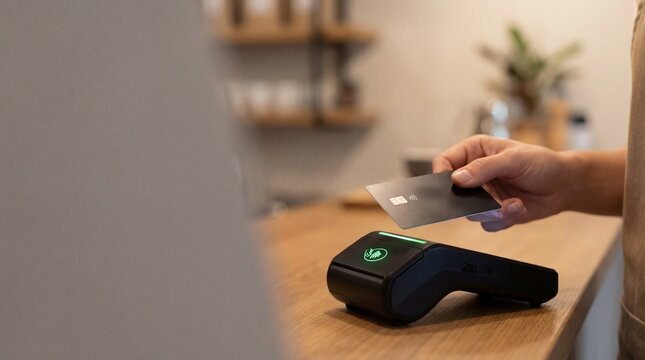 Customer making a contactless payment with a black credit card on a terminal at a wooden counter, retail transaction and financial technology for modern commerce