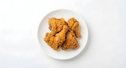 Top View of Crispy Fried Chicken Pieces on White Plate Isolated Background