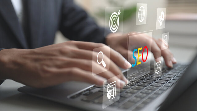 Digital SEO with data analytics, keyword research, search ranking and optimization process. Modern technology interface showing website performance, traffic growth and online marketing strategy.