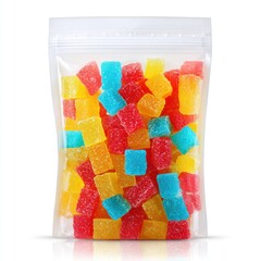 Colorful gummy candies in a clear plastic bag on a white background