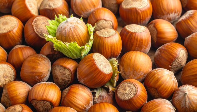 Close-up of pile of brown hazelnuts, one with green leafy cap, on textured surface, shallow depth of field