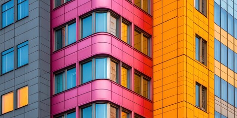 Colorful modern building facades with windows and abstract geometric patterns