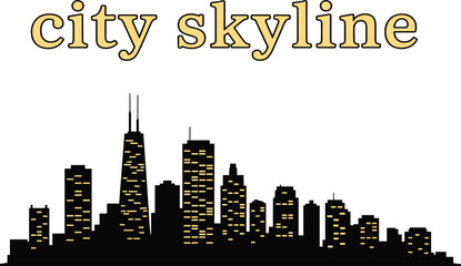 Modern black urban city skyline silhouette with glowing yellow windows and bold gold typography text,