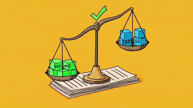 Seamless loop 3D animation of a financial balance scale showing income outweighing expenses, profit and positive cash flow concept, business success and financial growth, clean professional design