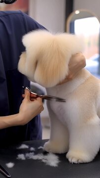 Experienced pet stylist grooms fluffy dog with scissors in a specialized salon