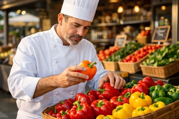 Professional Chef Selecting Fresh Vegetables at Local Market