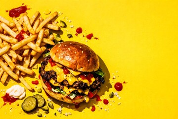 Juicy Cheeseburger with Fries on Yellow Background