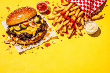 Burger and French Fries with Sauce on Yellow Background