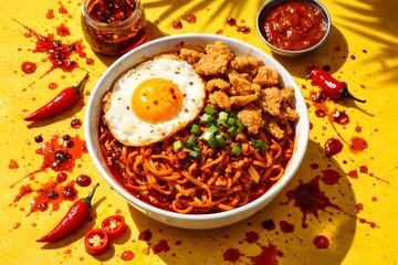 Spicy Noodles Bowl with Fried Egg and Crispy Topping