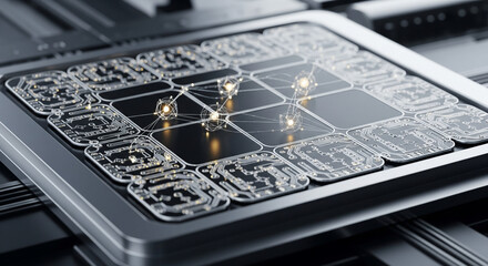 A high-tech digital processor or microchip with glowing light connections and futuristic design