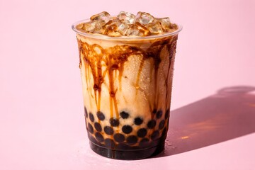 Brown Sugar Boba Milk Tea with Ice in Plastic Cup