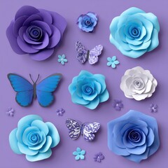 Colorful paper flowers and butterflies composition on purple background