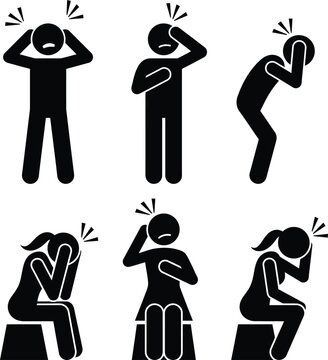 A collection of stick figure icons representing various poses of people suffering from stress and headache