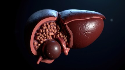 A 3D illustration of a liver resection showing cut sections and remaining healthy tissue for educational purposes. 
