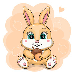 Obraz premium Cute cartoon Bunny with acorns. Autumn Vector illustration of animal on orange background.