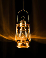 Classic kerosene style hanging lantern made of polished gold metal and clear glass globe surrounding flame